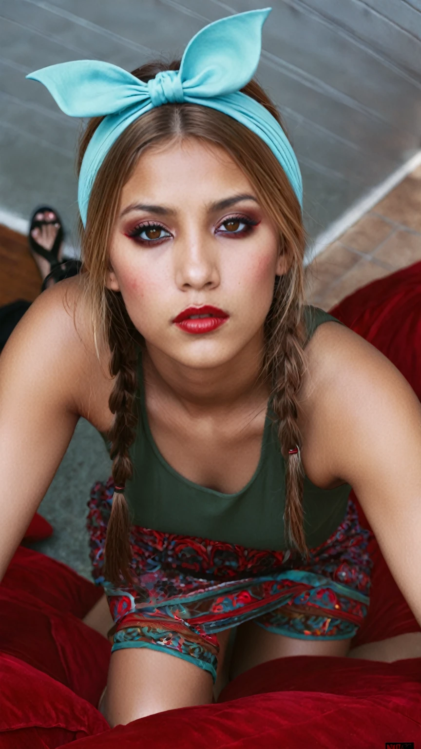 1girl, , red eyes, vampire, blonde hair, tan skin, hispanic, sandals, 2011 fashion , realistic photograph, film grain, taken on digital camera, 