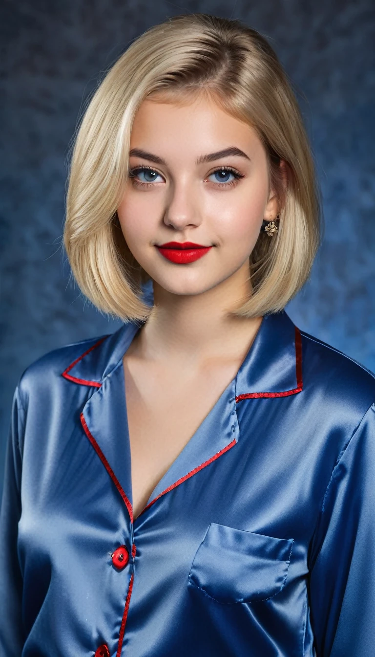 ultrarealistic high quality mugshot photo of a beautiful busty european 18-year-old teen girl with cute hyperdetailed shy happy face and shoulder length platin-blonde classic bob and long legs, realistic round eyes, red lipgloss, decent makeup with eyeliner, wearing prussian blue button-up satin pajamas, cleavage, hourglass body, indoor office photography