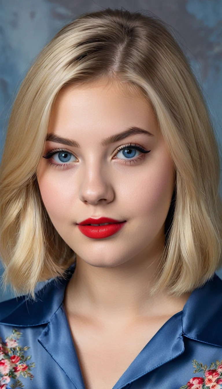 ultrarealistic high quality mugshot photo of a beautiful busty european 18-year-old teen girl with cute hyperdetailed shy happy face and shoulder length platin-blonde classic bob and long legs, realistic round eyes, red lipgloss, decent makeup with eyeliner, wearing prussian blue button-up satin pajamas, cleavage, hourglass body, indoor office photography