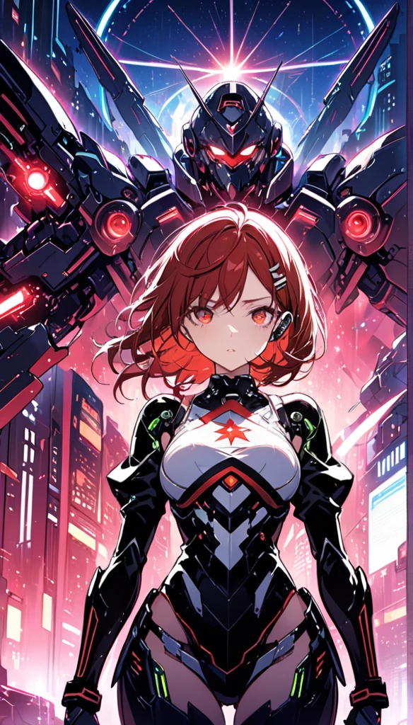 highest quality ,masterpiece, shape, Very delicate and beautiful, Very detailed ,CG ,Unity ,8k wallpaper, wonderful, finely, masterpiece,highest quality,Official Art,Very detailed CG Unity 8k wallpaper,Confused, incredibly Confused, Very detailed, High resolution, Very detailed,Beautiful detailed girl,The light shines on your face, 1 girl, Mecha, armor, Mechanical_body, red Hair, Spaceship, city, cyber punk, red star, sexy eyes, red eyes, glasses, big tits