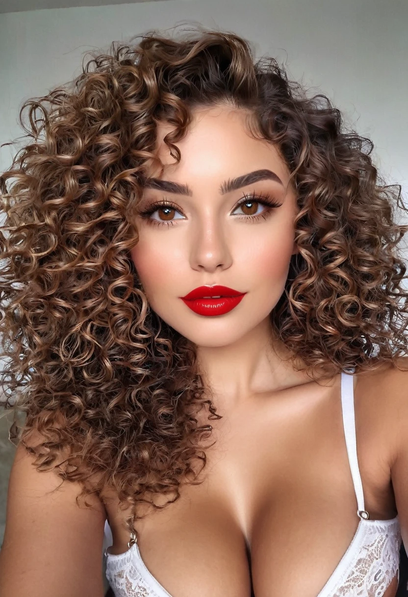 (high qualiy) 1 , curly hair, new, sitting, corpo sexy, eyes browns, red lip