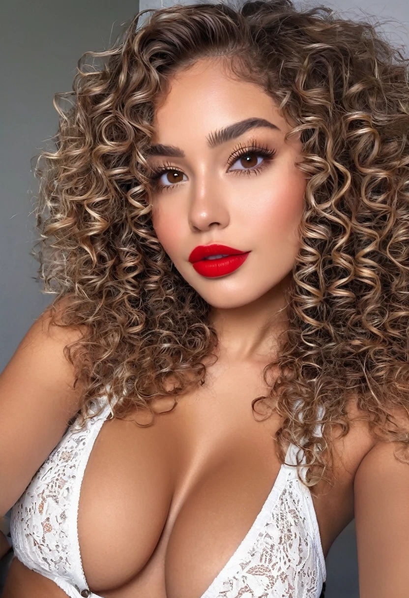 (high qualiy) 1 , curly hair, new, sitting, corpo sexy, eyes browns, red lip