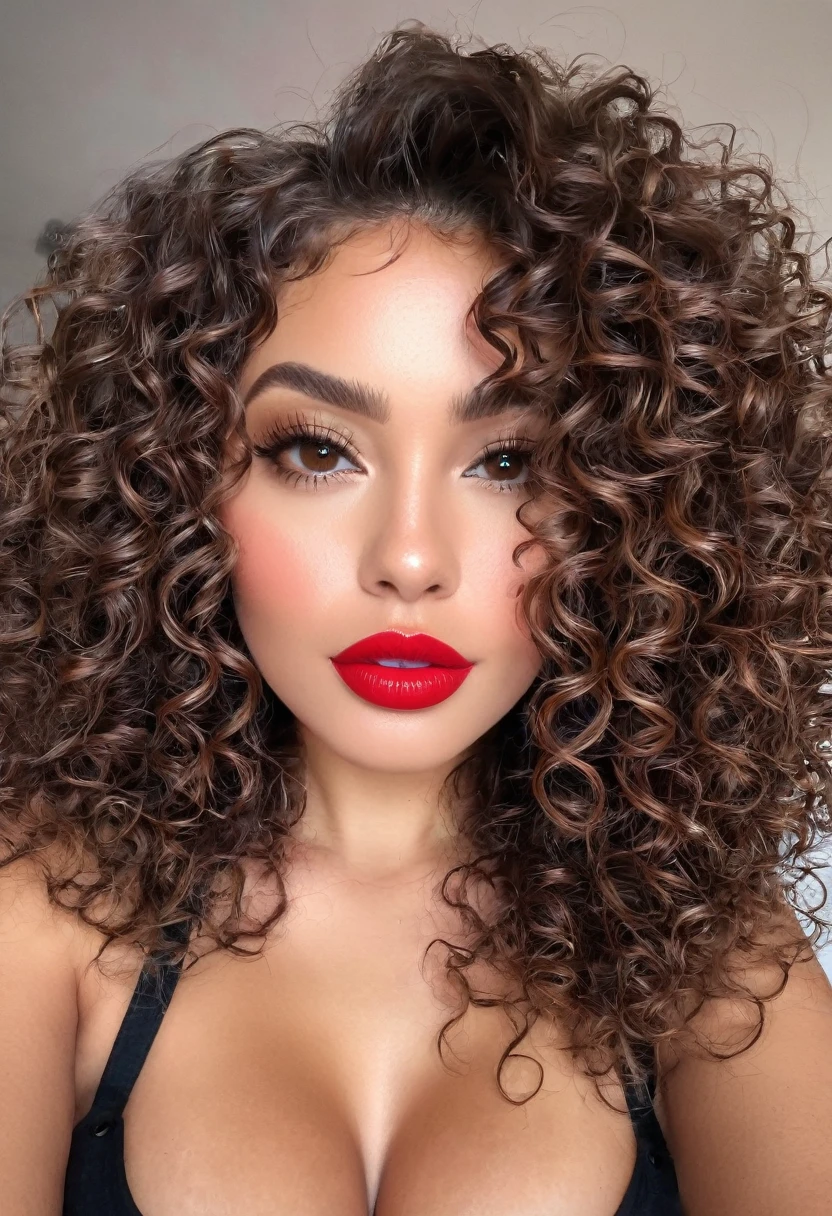 (high qualiy) 1 , curly hair, new, sitting, corpo sexy, eyes browns, red lip 