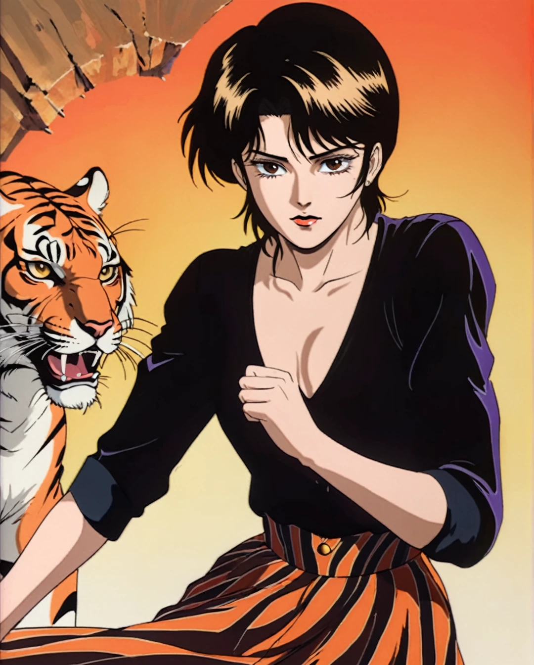 Art style by Akihiro Yamada, Art style by Suehiro Maruo, Art style by Ayami Kojima, (Masterpiece, Top Quality, Super Detail, High Resolution, Best Illustration), Create a captivating illustration of a girl with light brown tanned skin, depicted in a vibrant 1980s retro art style. She should have a stylish black short pixie haircut and be portrayed solo, exuding confidence and attitude. Dress her in a striking tiger stripes skirt paired with a black sleeves shirt, highlighting her chic fashion sense. Her brown eyes should sparkle with determination, and she should be posed with her fist in hand, radiating strength and resolve.Focus on capturing the essence of the 1980s with bold colors, dynamic lines, and a nostalgic yet fresh feel. The artwork should be a visually stunning masterpiece, showcasing meticulous detail and a perfect blend of retro charm and modern flair.