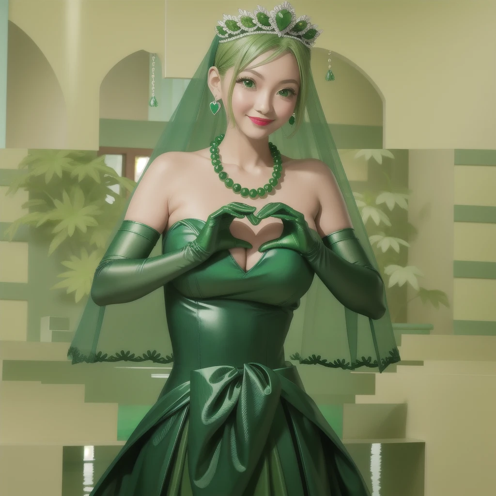 Emerald tiara, Green Pearl Necklace, ボーイッシュな非常に短いGreen Hair, Green Lips, Smiling Japanese woman, Very short hair, Busty beautiful lady, Green Eyes, Green satin long gloves, Green Eyes, Emerald Earrings, Green veil, Heart with both hands, Green Hair, Beautiful Japanese Woman, Heart shaped hands:1.3, green lip gloss