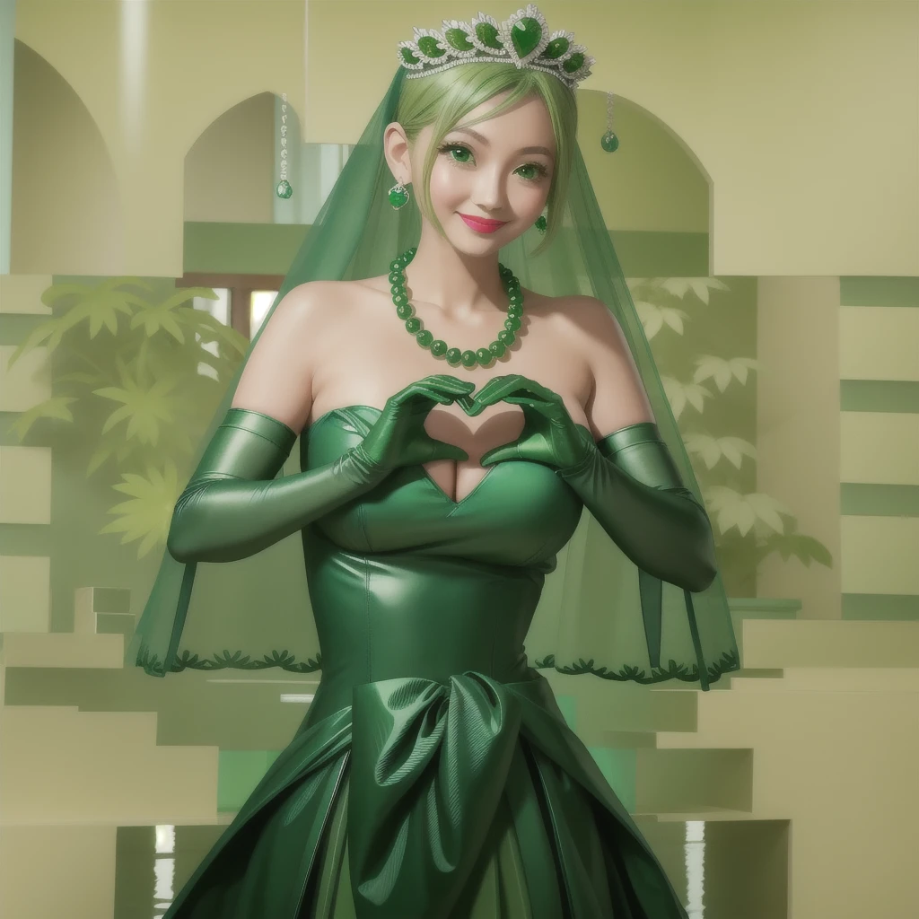 Emerald tiara, Green Pearl Necklace, ボーイッシュな非常に短いGreen Hair, Green Lips, Smiling Japanese woman, Very short hair, Busty beautiful lady, Green Eyes, Green satin long gloves, Green Eyes, Emerald Earrings, Green veil, Heart with both hands, Green Hair, Beautiful Japanese Woman, Heart shaped hands:1.3, green lip gloss
