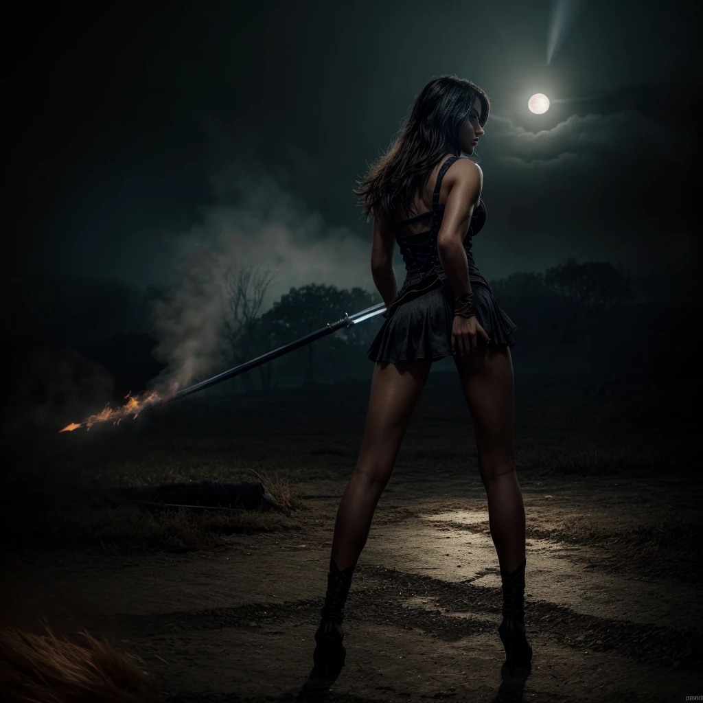 A medieval Goddess warrior fighting in the battlefield, dressed in black, laced dress, torn dress, full body, work of malediction and death, The Great One of the Night of Time, stand up and shout. Dominant pose. Realistic hands. Ball of fire in hand. [The character is surrounded by mist, evoking a mysterious and eerie atmosphere. The lighting is dark and atmospheric, with smoke adding a touch of sinister ambiance. Best quality image, HDR enhancement, showcasing the utmost level of detail and realism, full body shot:1.5]. [8K, Best Quality, Ultra High Resolution, (highly detailed CG unity 8k wallpaper), (best photo), cry, (best shadows), isometric 3D, octane rendering, ray tracing, highly detailed, (Best quality, 4K, 8k:1.2), absurdity, ultra detailed, (realistic, photorealistic, photorealistic:1.37), complex parts, HDR, (complex parts:1.12), (hyper detailed, hyper realistic, Soft lighting, spicy:1.2), (complex parts, Hyper detailed:1.15). Blurred foreground. (backlit), masterpiece, high quality, brightness, chromatic aberration, foggy smoke, shadows, contrast, clear sky, (warm hue, warm tone), high details, natural reflections]. (YES SFW)
