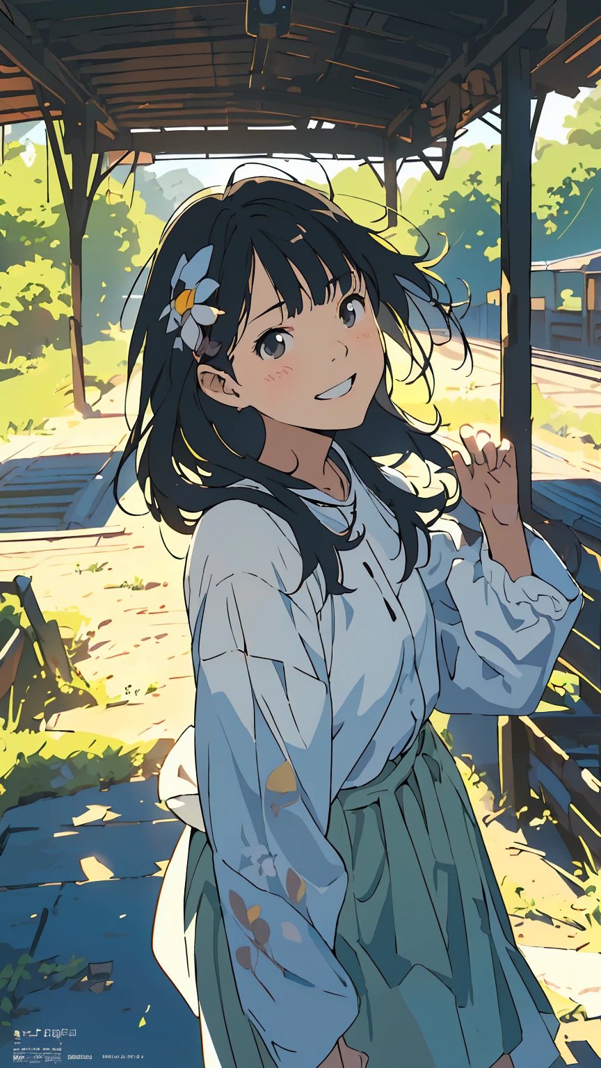 Affordable design, Clear lines, High Sharpness, (Highest quality,4K,Perfect sharpness,Ultra fine,High resolution,masterpiece:1.2), Perfect Anatomy:1.5, Official Art, Illustrations that tell a story, (Whitish background:0. 9)、Body Positivity、多Mr.な身体表現、(Random and fun poses)、Perfect beauty、Perfect beautiful face、(Strong winds)、A rich expression、Dynamic composition、smile、Golden ratio composition、colorful、(((Mr.々Different angles and perspectives)))、Anime Art、(Overcoming stereotypes)、 Glowing Skin、(Natural beauty)、bangs、Straight Hair、(Soft and flowing hair)、(countryside)、(Nostalgic atmosphere)、(Insert up to the thighs)、(Playful and carefree)、(多Mr.なキャラクター)、(Graceful posture)、(Sunny atmosphere)、(Bright colors)、Fashion magazine cover、