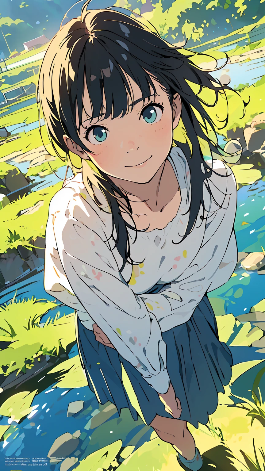 Affordable design, Clear lines, High Sharpness, (Highest quality,4K,Perfect sharpness,Ultra fine,High resolution,masterpiece:1.2), Perfect Anatomy:1.5, Official Art, Illustrations that tell a story, (Whitish background:0. 9)、Body Positivity、多Mr.な身体表現、(Random and fun poses)、Perfect beauty、Perfect beautiful face、(Strong winds)、A rich expression、Dynamic composition、smile、Golden ratio composition、colorful、(((Mr.々Different angles and perspectives)))、Anime Art、(Overcoming stereotypes)、 Glowing Skin、(Natural beauty)、bangs、Straight Hair、(Soft and flowing hair)、(countryside)、(Nostalgic atmosphere)、(Insert up to the thighs)、(Playful and carefree)、(多Mr.なキャラクター)、(Graceful posture)、(Sunny atmosphere)、(Bright colors)、Fashion magazine cover、