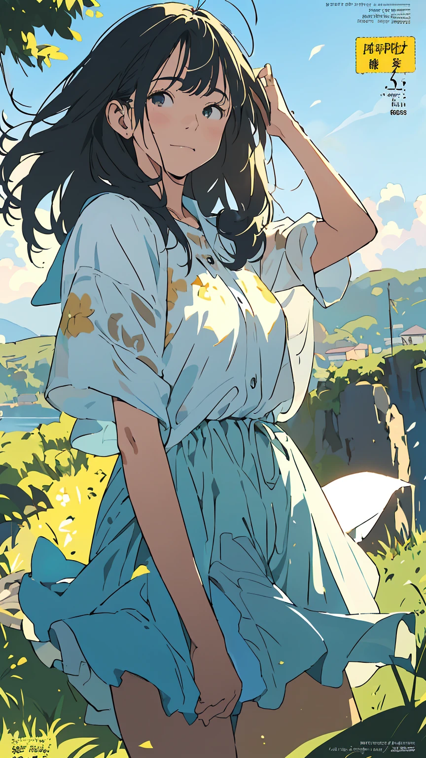 Affordable design, Clear lines, High Sharpness, (Highest quality,4K,Perfect sharpness,Ultra fine,High resolution,masterpiece:1.2), Perfect Anatomy:1.5, Official Art, Illustrations that tell a story, (Whitish background:0. 9)、Body Positivity、多Mr.な身体表現、(Random and fun poses)、Perfect beauty、Perfect beautiful face、(Strong winds)、A rich expression、Dynamic composition、smile、Golden ratio composition、colorful、(((Mr.々Different angles and perspectives)))、Anime Art、(Overcoming stereotypes)、 Glowing Skin、(Natural beauty)、bangs、Straight Hair、(Soft and flowing hair)、(countryside)、(Nostalgic atmosphere)、(Insert up to the thighs)、(Playful and carefree)、(多Mr.なキャラクター)、(Graceful posture)、(Sunny atmosphere)、(Bright colors)、Fashion magazine cover、