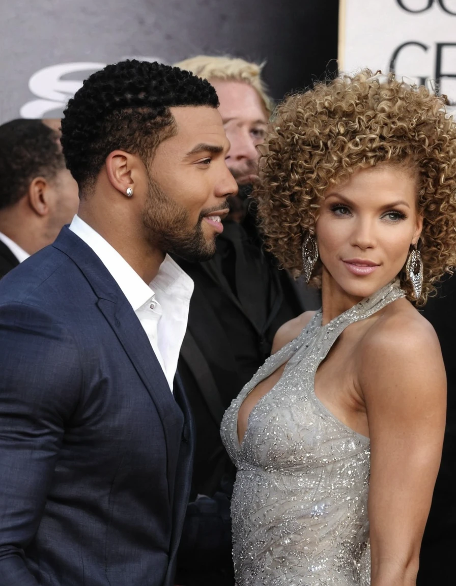 AnnaLynne McCord et un bel homme afro-américain dont les traits du visage sont une combinaison de Christian Keyes + Charles Michael Davis + Colin Laurent + Curtis « 50 Cent » Jackson profite d&#39;une promenade en soirée. les deux sourient. Tous deux sont joliment habillés pour une soirée en ville. AnnaLynne porte une robe noire scintillante. AnnaLynne a un joli maquillage sur son visage. AnnaLynne porte du rouge à lèvres. la nuit. ambiance romantique. yeux symétriques. visages symétriques. De jolis détails. Photoréaliste. Photo en couleur. photo professionnelle. 8k très détaillé.