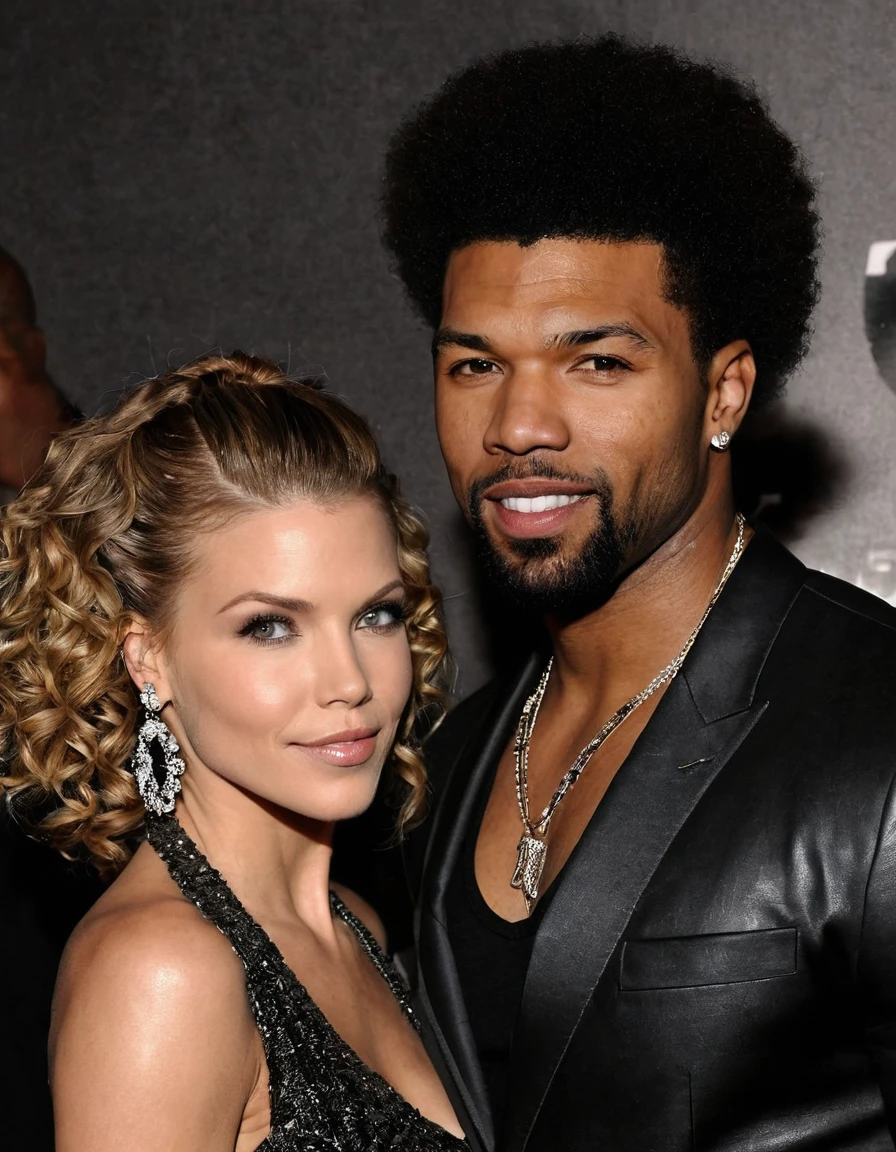 AnnaLynne McCord et un bel homme afro-américain dont les traits du visage sont une combinaison de Christian Keyes + Charles Michael Davis + Colin Laurent + Curtis « 50 Cent » Jackson profite d&#39;une promenade en soirée. les deux sourient. Tous deux sont joliment habillés pour une soirée en ville. AnnaLynne porte une robe noire scintillante. AnnaLynne a un joli maquillage sur son visage. AnnaLynne porte du rouge à lèvres. la nuit. ambiance romantique. yeux symétriques. visages symétriques. De jolis détails. Photoréaliste. Photo en couleur. photo professionnelle. 8k très détaillé.