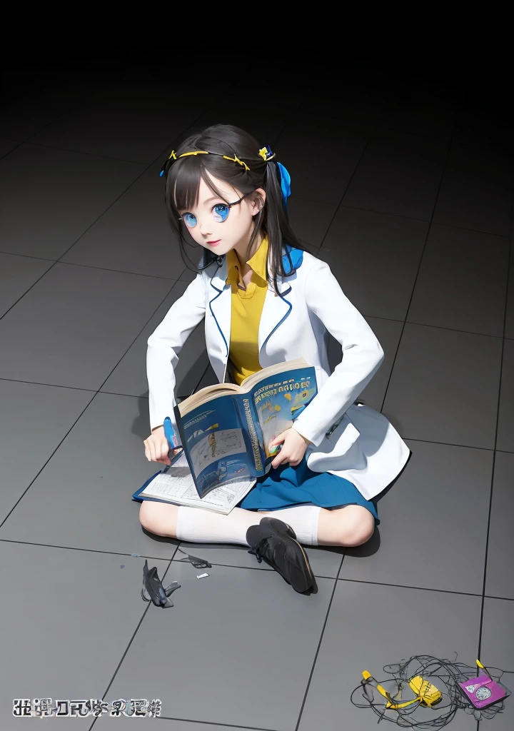 Girl, dark hair, blue eyes, flower hairpin, white lab coat, yellow shirt, blue skirt, black shoes, white socks, dark blue calculus book,writing,studying on the floor, half dark room