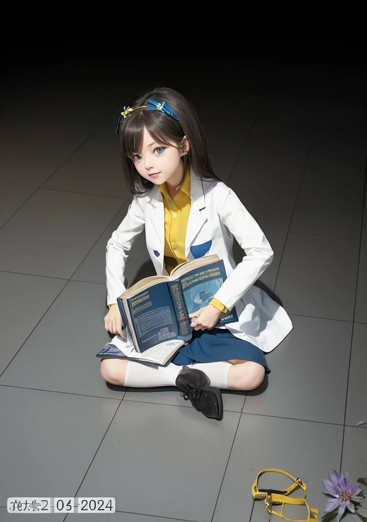 Girl, dark hair, blue eyes, flower hairpin, white lab coat, yellow shirt, blue skirt, black shoes, white socks, dark blue calculus book,writing,studying on the floor, half dark room