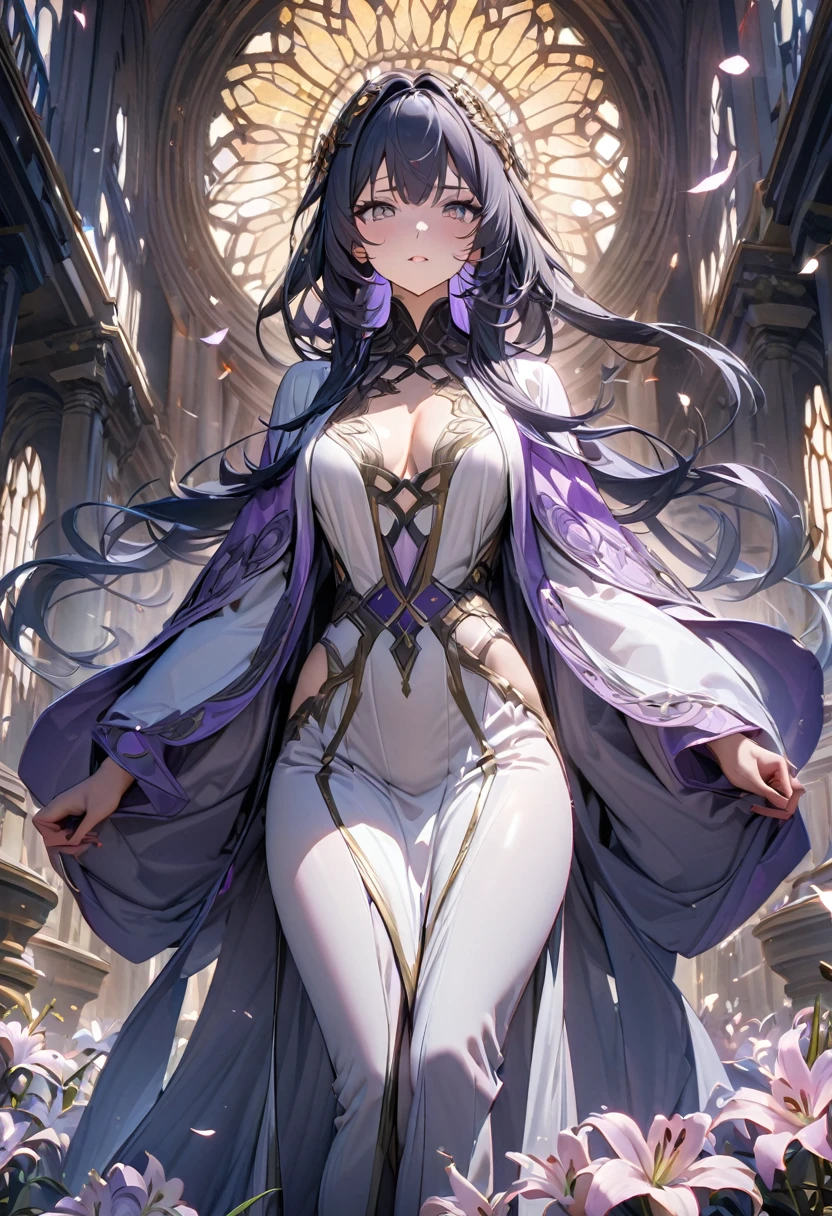 masterpiece, 8k, best quality, highly detailed, a woman in a beautiful lily petal robes
