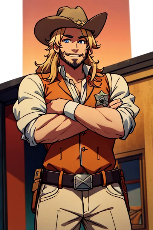 Perfect face. Perfect hands. A blonde muscular haired cowboy with blue eyes and a dark beard and long hair in a sheriff's outfit is smiling in front of a saloon with a big smile