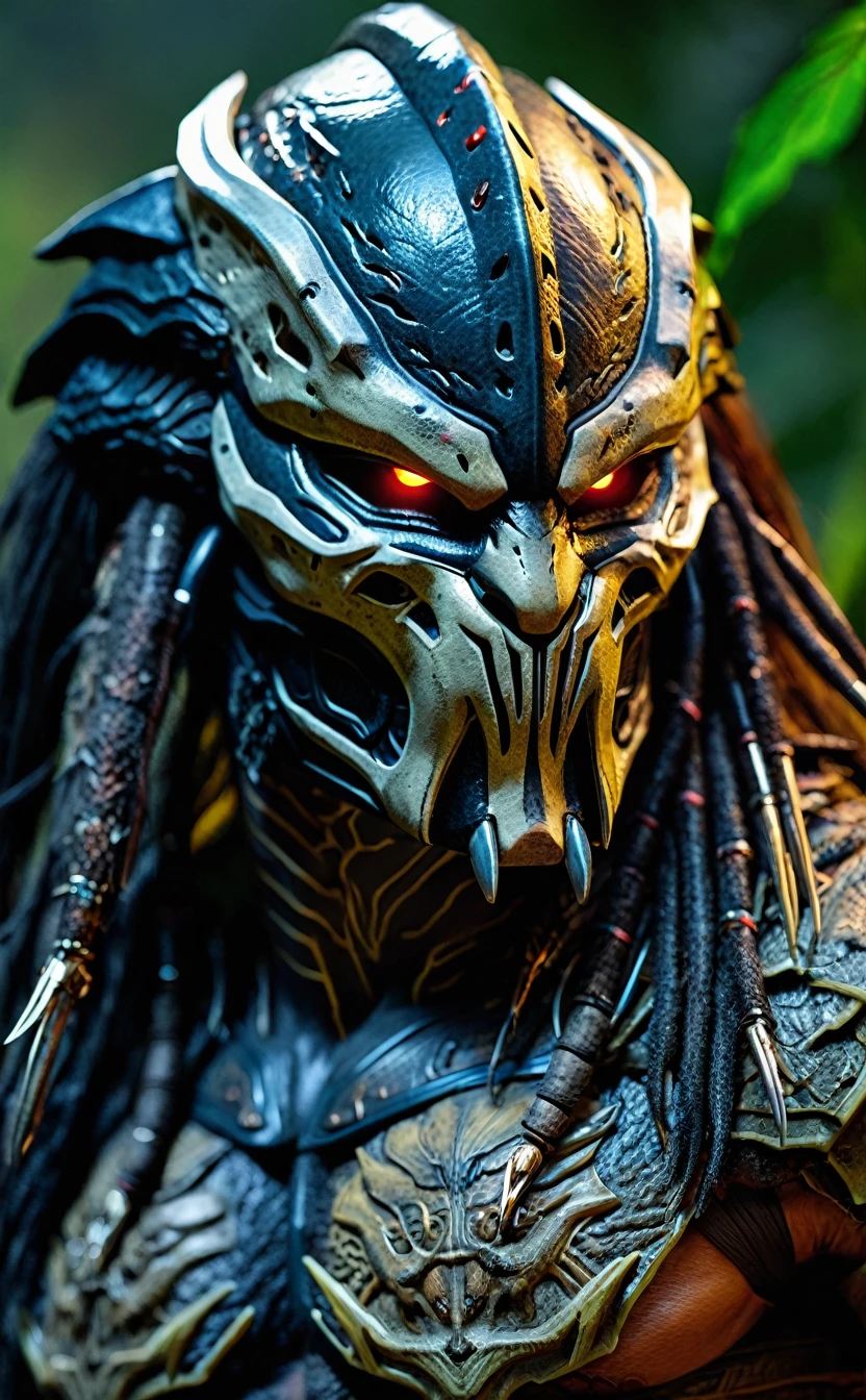 Dark fantasy demonic predator,Predator,Wearing a mask,View your viewers,photograph,超detailed,detailed,8k best quality,Realistic,8k,Fine details,