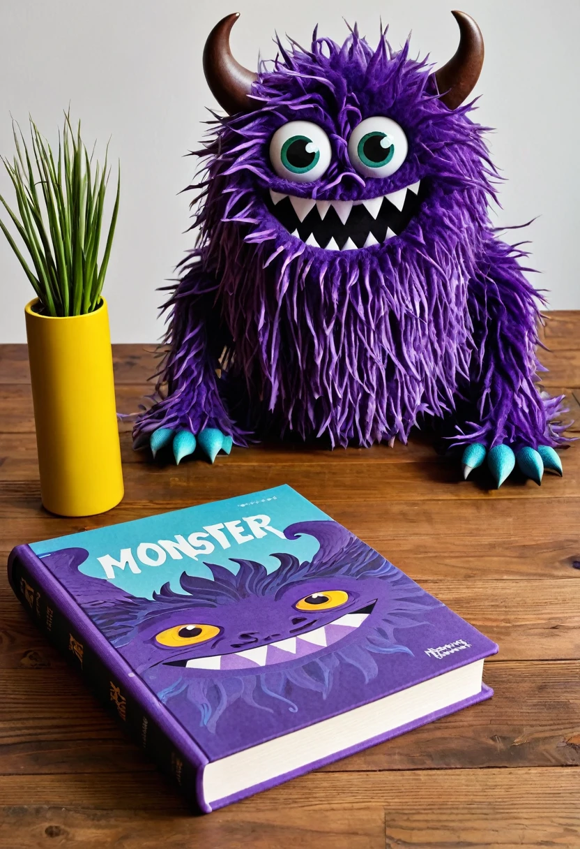 A wooden table and a book with a purple cover with a Monster on the side