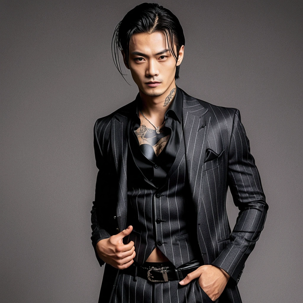 create a full-length man, in a black suit, open chest, black pants, Japanese, with black hair combed back with some strands falling down his face, penetrating light brown eyes, bad boy, tattoo on his neck, sexy model and actor style .