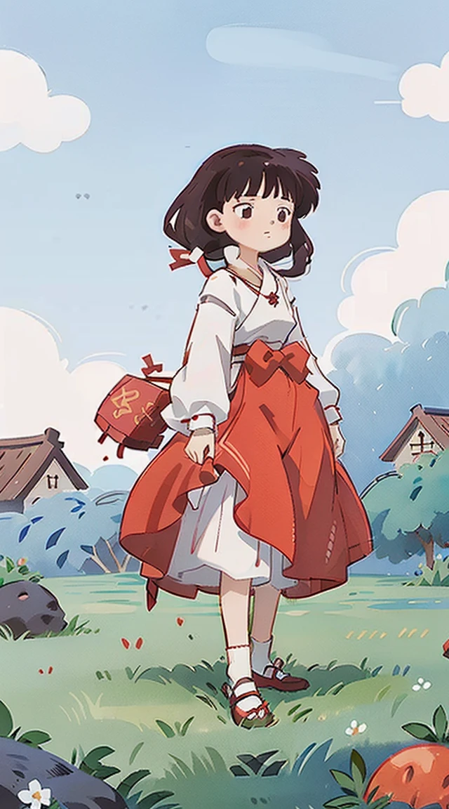 a girl, ((full body female)), Platycodon, skinny, side lock, blunt_hair, red, (Red witch dress, red pleated skirt, long skirt), elegant,Japanese traditional clothing, (Lovely), ((smallest, small)), piece, Play,Blue sky and white clouds,grassland