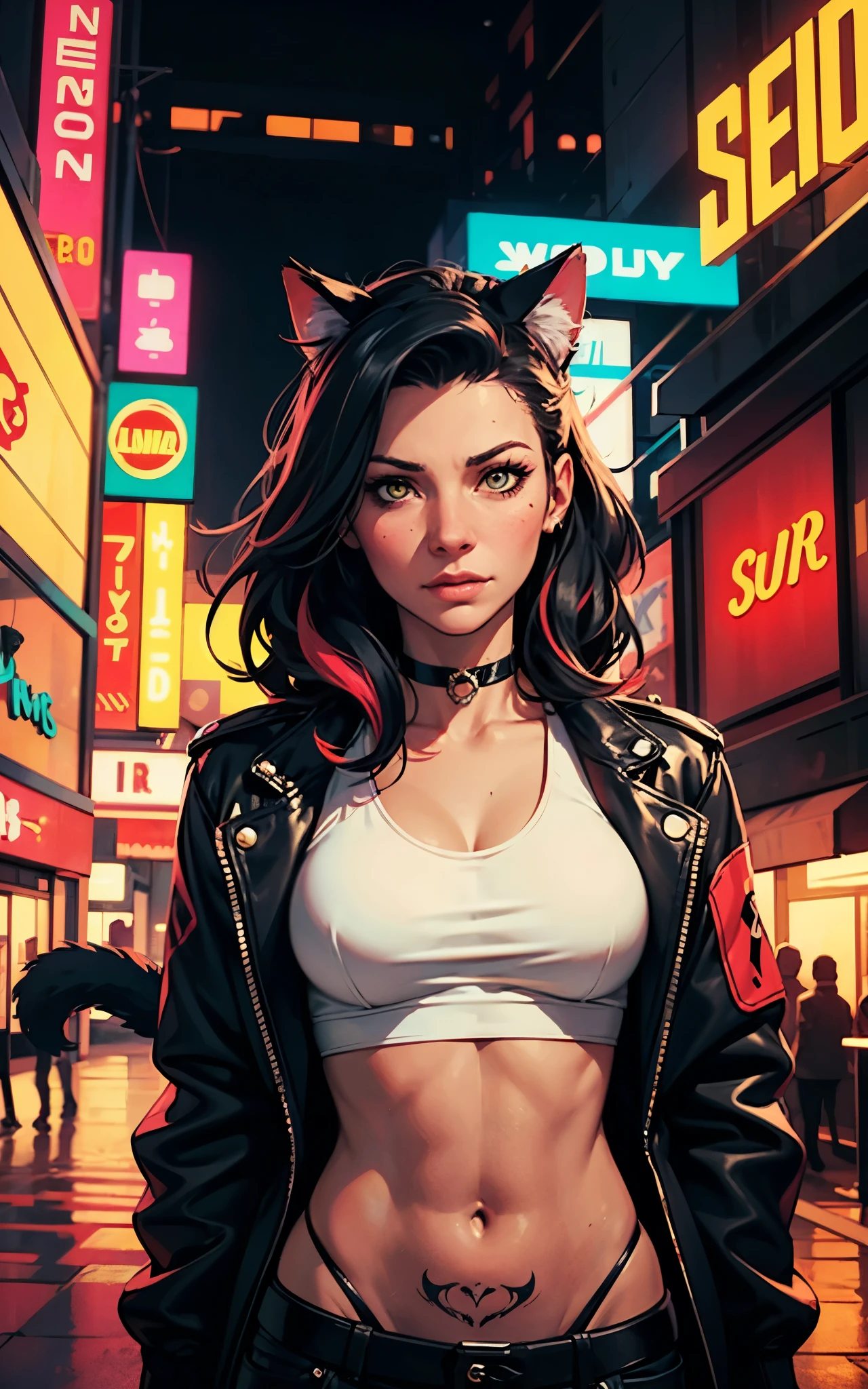 (Evangeline Lilly) Digital illustration featuring a anthropomorphic feline+paws+claw+tail with a striking appearance set against a vibrant, neon-lit urban background. She has human face and black hair with a prominent white streak, styled in a modern. She has yellow eyes. Her skin is fair with a strong complexion, and she has distinct facial features including sharp eyebrows, amber-colored eyes. She wears cat ears on her head, adding a playful yet fierce element to her look. Her attire includes a black choker and a black jacket. A noticeable tattoo of a skull with a gear design is visible on her upper arm. The background is filled with colorful, blurred neon signs in various shapes and sizes, contributing to the cyberpunk aesthetic of the image.