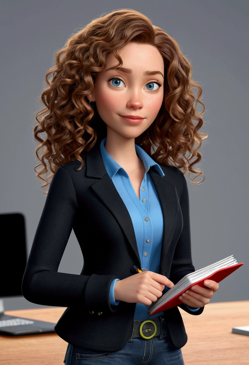 3D PIXAR STYLE POSTER. woman 36 years old, with light skin, MEDIUM BROWN HAIR curly with lighter highlights , blue colored eyes, black blazer, black jeans pants, gray shirt, White sneakers, notebook in hand, luz do professor BACKGROUND com luzes COLORFUL