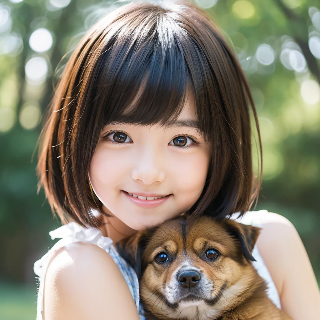 Create an anime-style portrait of a Japanese girl。Her hair is short and dark brown.。The girl has a gentle smile on her face。She seems to be affectionate、Holding a cute dog、that'A scene that evokes warmth and friendship.。background、that should be a blend of warm and cool colors that complement the overall composition.。She is wearing a light blue dress with detailed embellishments..、Gives a classy impression。The overall atmosphere of the work is bright and attractive..、Catch the girl'Kind and friendly personality。