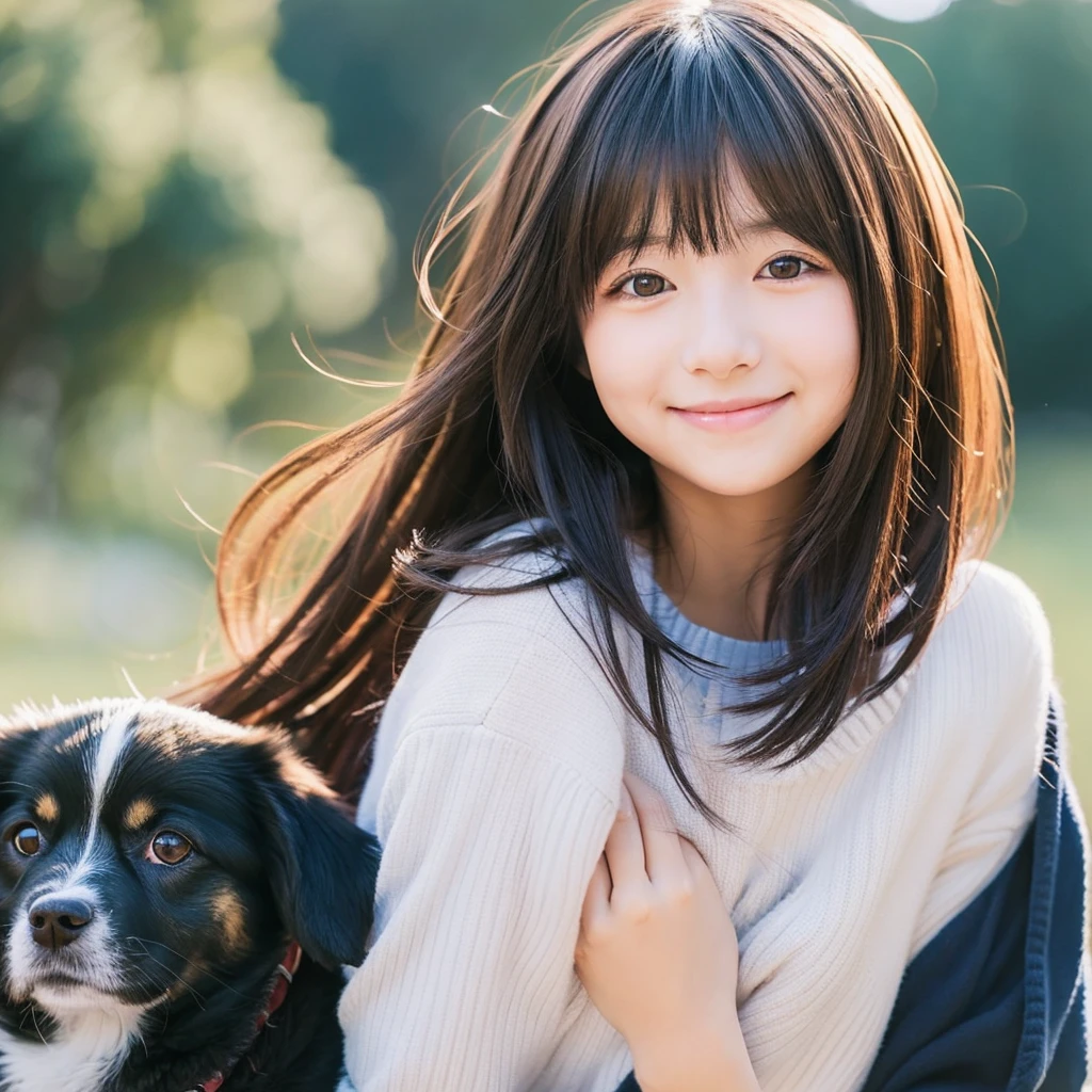 Create an anime-style portrait of a Japanese girl。Her hair is short and dark brown.。The girl has a gentle smile on her face。She seems to be affectionate、Holding a cute dog、that&#39;A scene that evokes warmth and friendship.。background、that should be a blend of warm and cool colors that complement the overall composition.。She is wearing a light blue dress with detailed embellishments..、Gives a classy impression。The overall atmosphere of the work is bright and attractive..、Catch the girl&#39;Kind and friendly personality。