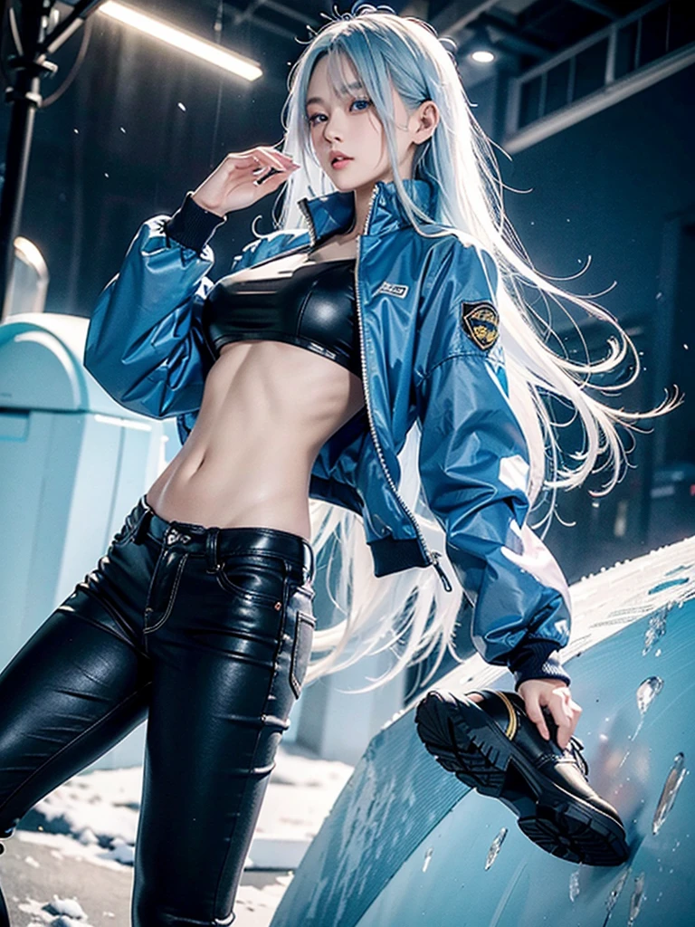 Asian，woman，25 years old，The appearance is overwhelming，Long white blue hair，Blue Eyes，Height 1.75 meters，Weight 54 kg，Golden ratio figure，The upper body is wearing a close-fitting blue Chinese sexy bellyband and a blue long-sleeved tactical jacket，Wearing black skinny jeans and tactical shoes，A Tang knife hangs from his waist，Cold personality，Surrounded by ice crystals