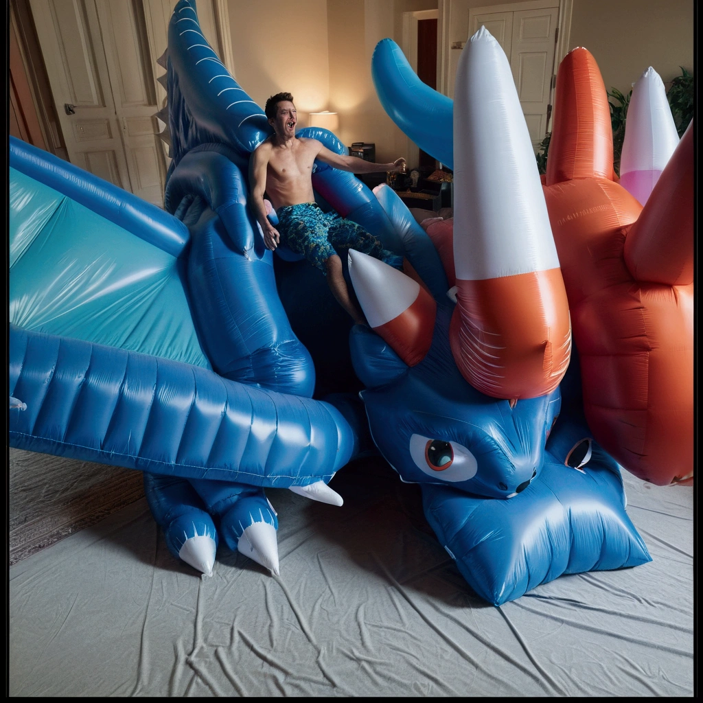 the guy falls through and ends up inside an inflatable dragon suit