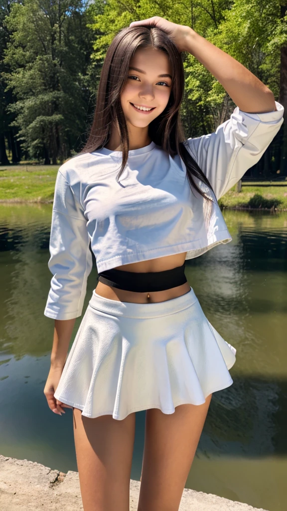 Create beautiful 18 year old russian wearing a white t-shirt that shows the stomach and a light brown full sleeve leather  jacket along with a small black colth skirt smiling and posing a peace sign . She is standing straight full body is shown she seems to be near a Lake 