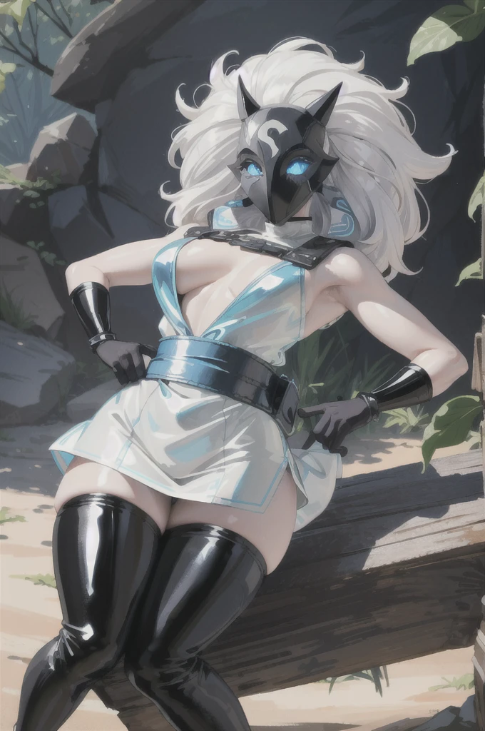 ((Cinematic light, Best quality, 8k, Masterpiece :1.3)), 1girl, Beautiful woman, (white hair, large breasts:1.3), rope panties, bra :1.2, hopefully falling, seductive open lips,1girl, standing, full body, hairy female, body hair, (white hair, white skin:1.1), chest tuft, digitigrade, white hair, long hair, black mask, (blue eyes, bright eyes:1.4), small breasts, BREAK nature, jungle, magical forest, fantasy forest, grass, purple leaves, plants, bright flowers, rocks, day, sexy, showing off, showing armpits, ((nsfw)), ((sexual teasing)), ((((tight latex mini dress))), (((mask covering part of the face))), ((thin waist)), skinny,