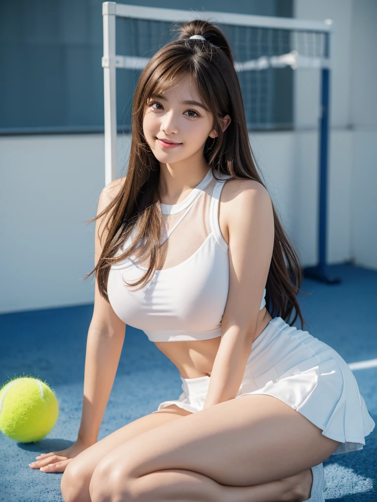 White tennis wear、tennis racket、Tennis ball、Tennis court、(Highest quality)、((Very detailed))、4K、(8k)、masterpiece、Very detailedな、Highest quality、Super Resolution、1 person、Kind Face、A little smile, Soft Light、RAW quality、Soft Skin、152cm、20-year-old girl、Cute type,Big Natural Color Lip, Bold sexy pose, (Perfect figure), Beautiful feet, Voluptuous thighs、Soft long hair, bangs, Brown Hair, 1 personの女の子, Highest Resolution, Big and cute eyes, A clear double, White pleated micro mini skirt, Voluptuous thighs, plump big breasts, I'm a little sweaty, I can see your pants, Beautiful pussy line,