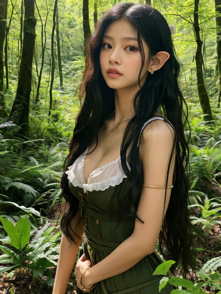 Create an image of Kim Jennie from blackpink. In a lush forest with dark colors. Raven haired, with hair behind her shoulders and dressed as an elf. Preferably busty and not too remote. 