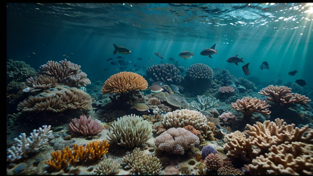 The wreckage of a long-ago crashed and sunken "space shuttle Discovery" spaceship lies at the bottom of the ocean. It is surrounded by beautiful colorful corals around which various colorful fish swim. Traversal movement of the camera, the camera travelling throught the seabed where different colorful fishes are swimming around stunning colorful corals. The seabed is a beautiful sight as the light beams of the yellowish sunlight, sun's rays are filter through the surface of the water into the dark greenish blue deepness. Contrast lighting, natural lighting. Dark Green algae and sea plants cover the stones in the deep sea. (( Consistent structure and movements of the fishes and corals, consistent movement of the camera, static underwaterland environment)))). Photorealistic fishes and corals, lifelike textures and movements, Insanely intricate details and photorealistic materials. Photorealistic Reflections. Natural lights, neutral colors, lomochrome, vintage color tones, dramatic, dynamic composition. Lifelike textures, sharp focus, depth of field, cinematic lighting, contrast lighting, volumetric lighting, best shadows, sharp focus, depth pf field, photorealism, realism, cinematic, 35mm film Screengrab a 1950s Super Panavision 70 film in color. Best quality , hdr, uhd, 8k,