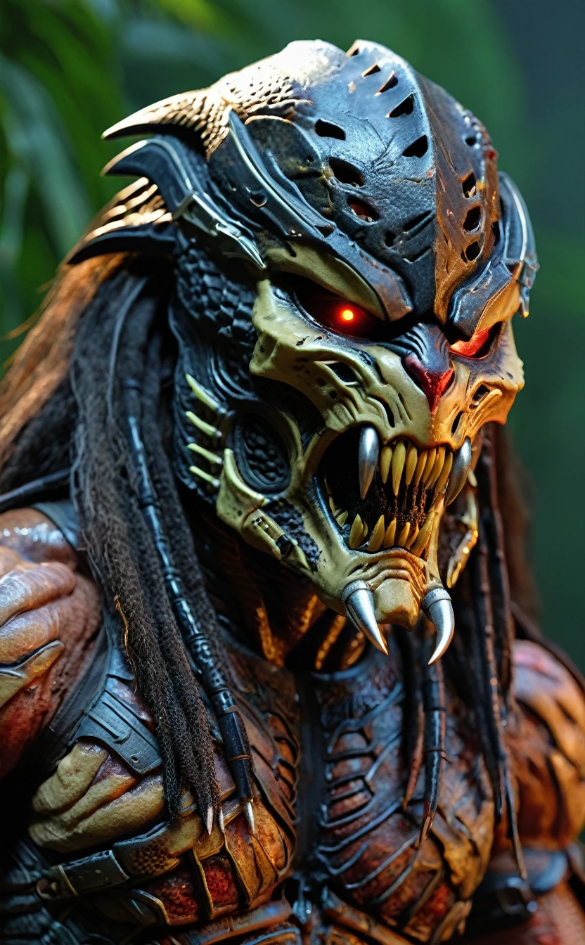 Dark fantasy demonic predator,Predator,Wearing a mask,When you take off the mask, you see a big mouth、Fang-like creature,View your viewers,photograph,超detailed,detailed,8k best quality,Realistic,8k,Fine details,