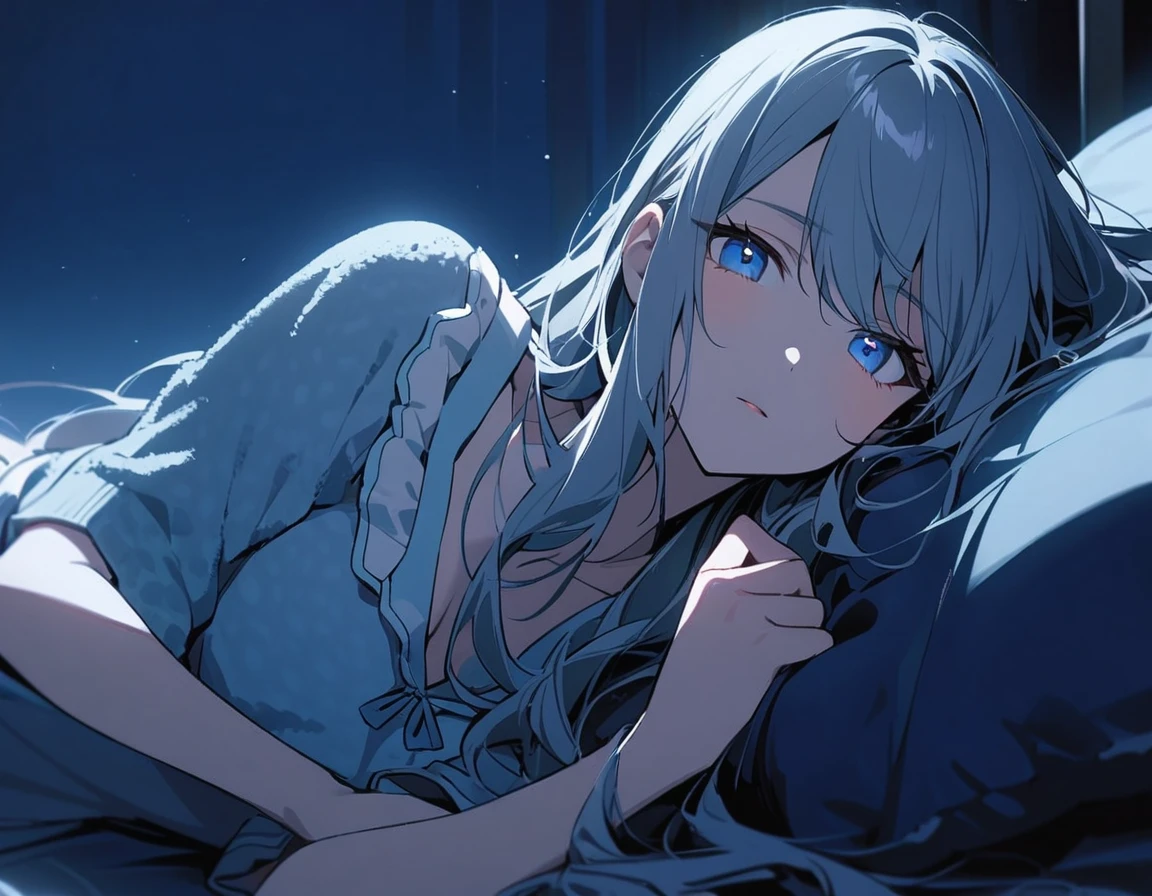 1lady,noble,(blue gray hair),long hair,blue eyes,medium breasts,upper body,loungewear,lying on bed,laying on one side,side view,looking at viewer,midnight,blue theme
