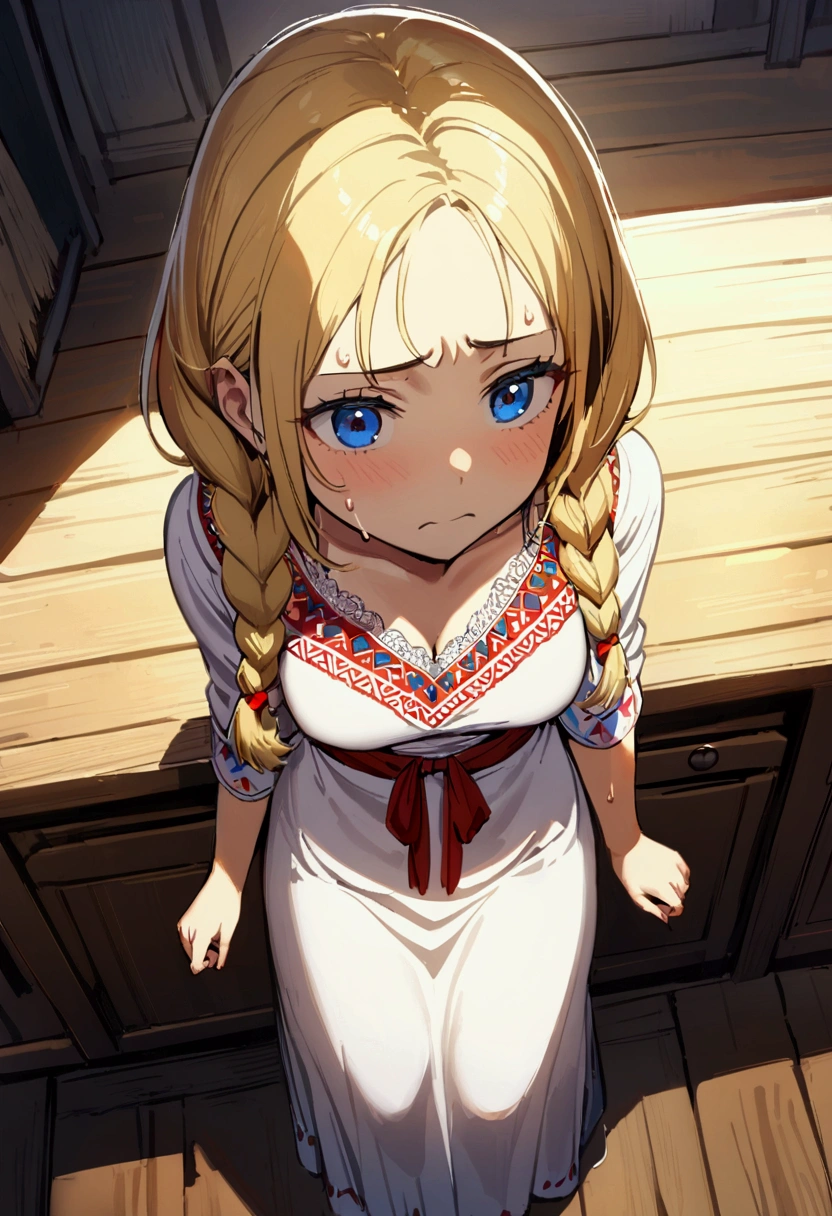 1 girl with long blonde hair, hair braided into two braids, Blue eyes, tired face,medium breasts, white Slavic dress, view from above, Morning lighting, stands near the village kitchen, sweat on my forehead