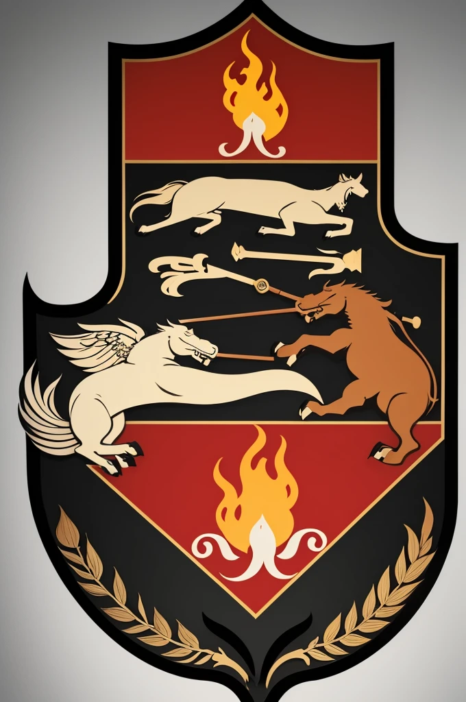 A coat of arms with minimalist fire and barbecue skewers running through it with the W3 insignia in the middle of it