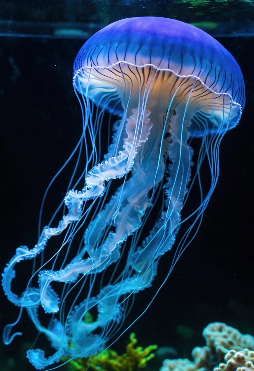 A blue jellyfish in an aquarium