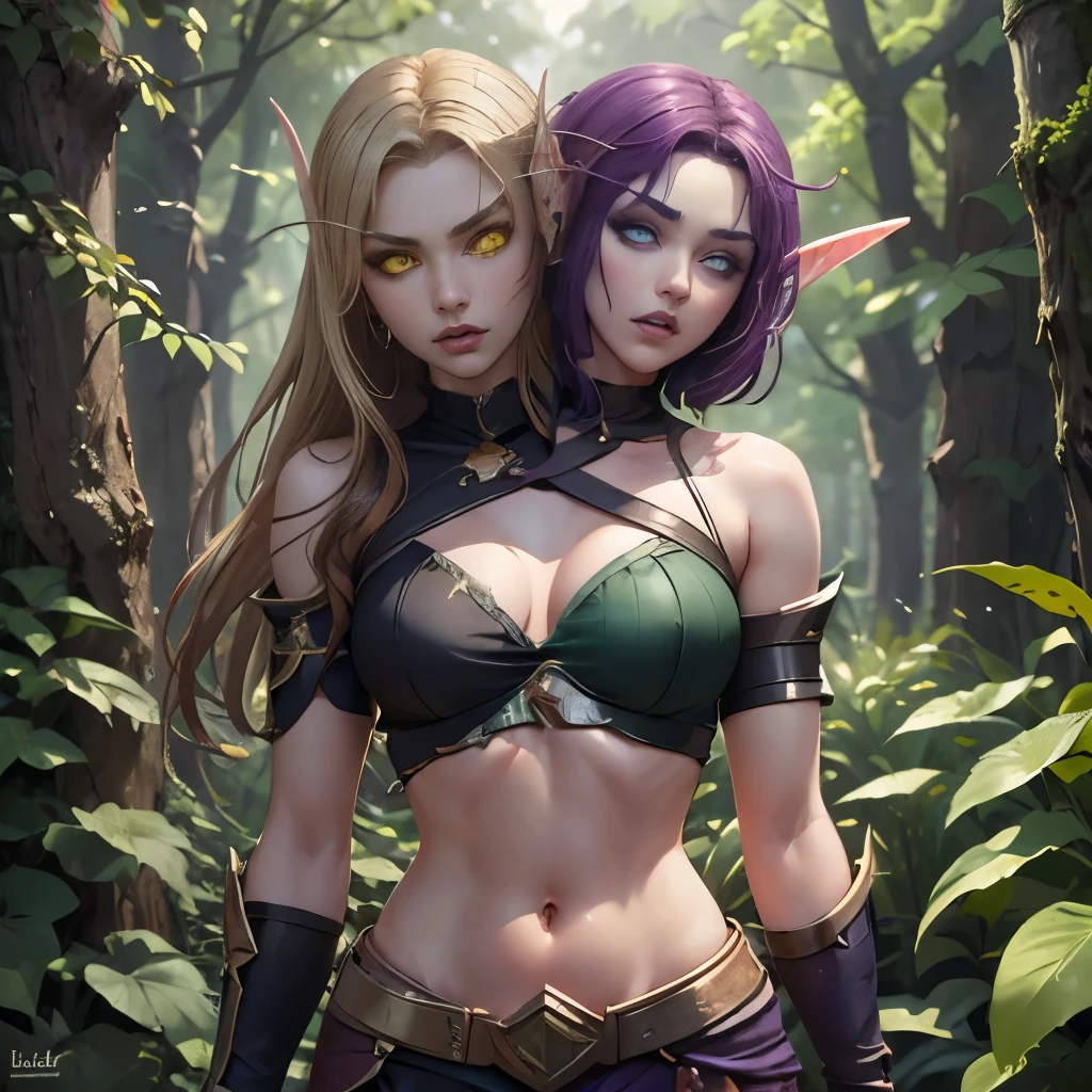 (Masterpiece, highly detailed, highly quality,  highly resolutions), body facing viewer, conjoined_dicephalus, two heads, BREAK bldelf, angry, clenched teeth, glowing eyes, yellow eyes, Blonde hair, colored sclera, mature female, red short shirt, navel, red shoulder pad, gold trim, yellow leaves, jewelry, looking at viewer, forest, day, bare shoulders, Fall season