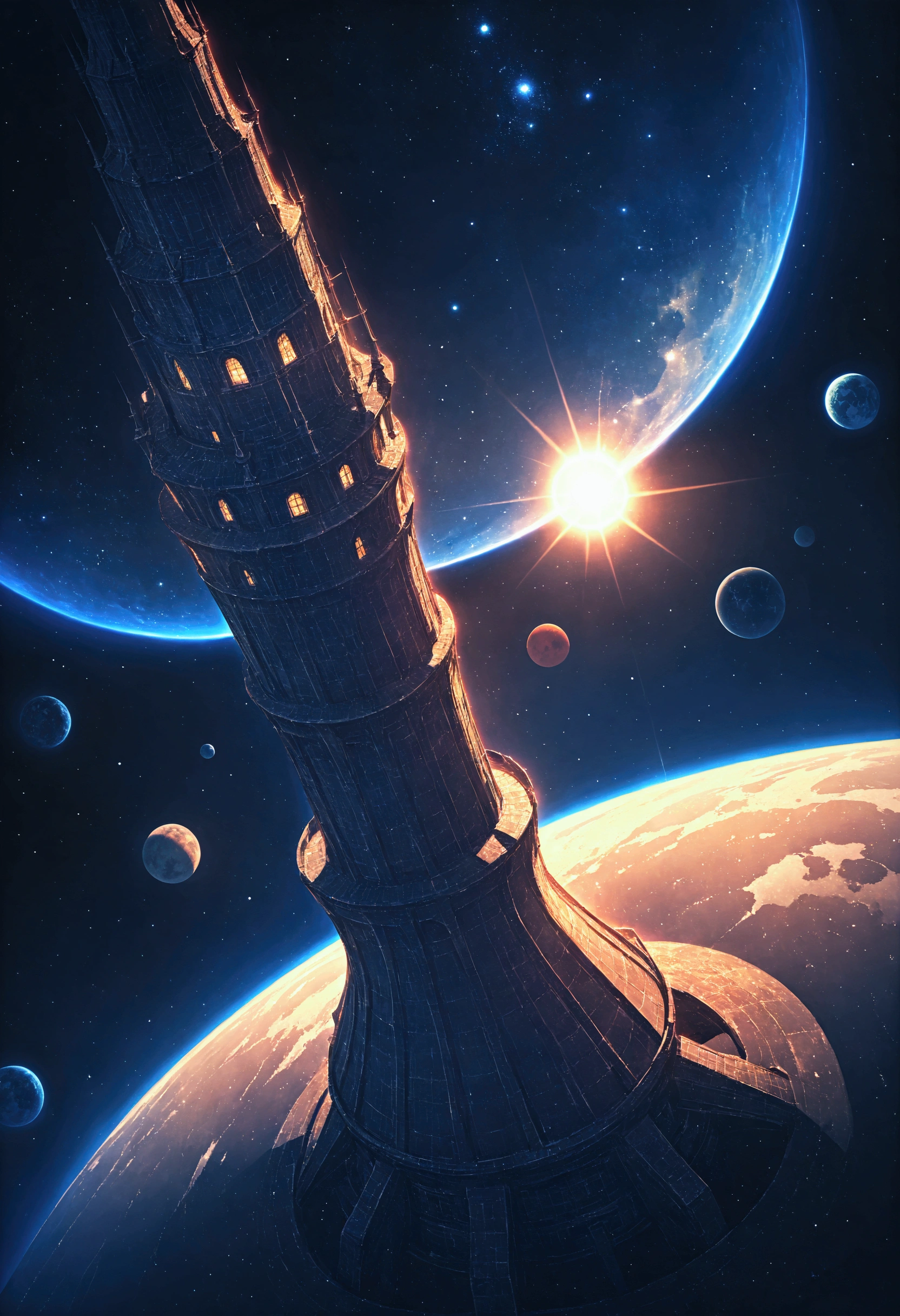 ((tower to the sky)) ,fractal,dark, sun moon, view from above,outer space, atmosphere,super detailed planets and stars background
