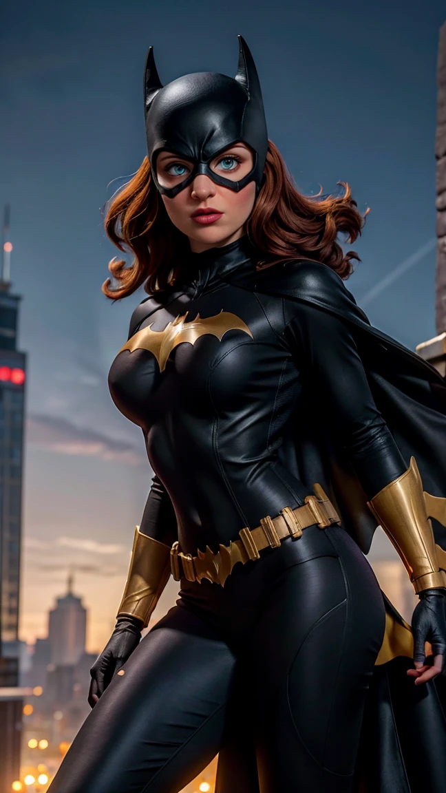 8K, Ultra HD, Super details, high quality, High resolution. The heroine Batgirl looks beautiful in a full-length photo, her body is sculptural, her long black wavy hair is radiant in a perfect combination with her white skin, her bright blue eyes mesmerize everyone. She is wearing her heroine costume. It consists of a mask that covers the upper part of the face, leaving your eyes visible, and a tight bodysuit. It can be black, dark blue or purple, the material is made of resistant and elastic fabric to provide protection and allow agile movements, on the chest of the costume, there is a bat symbol similar to the Batman symbol, she wears a utility belt that contains a variety of useful devices and equipment for your missions, Batgirl's boots and gloves are made of resistant material to protect her hands and feet during combat, she wears a black cape, an aesthetic element of the costume. she looks very sexy, drawing attention to her big breasts and thick legs.