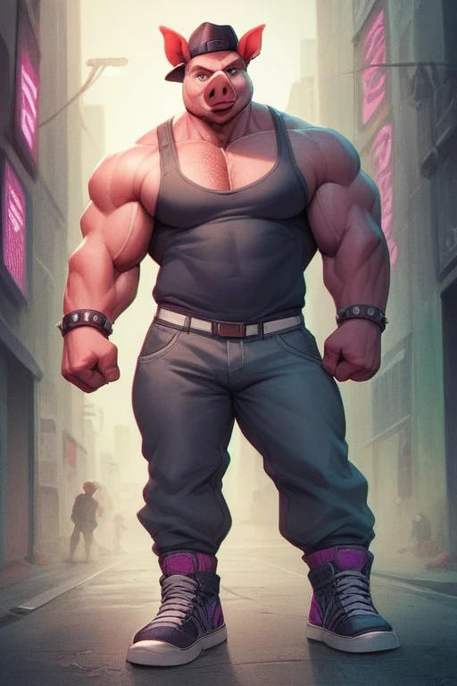 ultra-detailed digital painting of a muscular anthro pig with a stylish hat, holding it in a cyberpunk neon grid realm, hyper-realistic, dreamlike vibes, madpunk style
