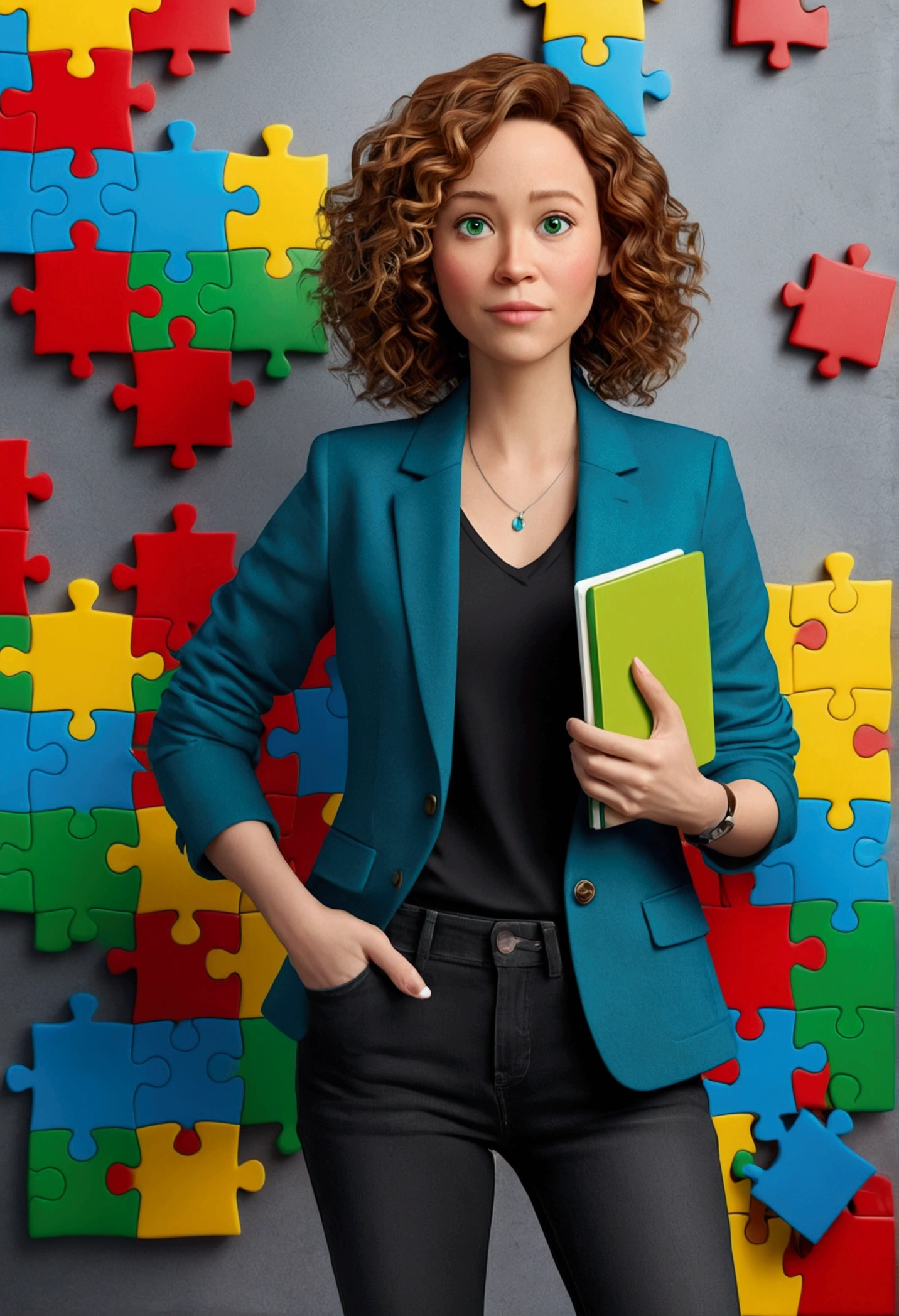 3D PIXAR STYLE POSTER. woman 36 years old, with light skin, MEDIUM BROWN HAIR curly with lighter highlights , olhos de cor cerulean, black blazer, black jeans pants, gray shirt, White sneakers, notebook in hand, BACKGROUND WITH RED PUZZLE, cerulean, green and yellow.