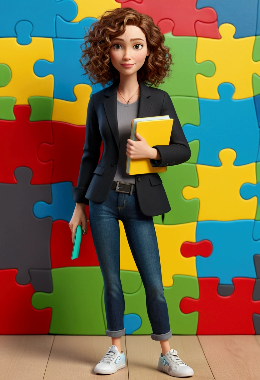 3D PIXAR STYLE POSTER. woman 36 years old, with light skin, MEDIUM BROWN HAIR curly with lighter highlights , olhos de cor cerulean, black blazer, black jeans pants, gray shirt, White sneakers, notebook in hand, BACKGROUND WITH RED PUZZLE, cerulean, green and yellow.