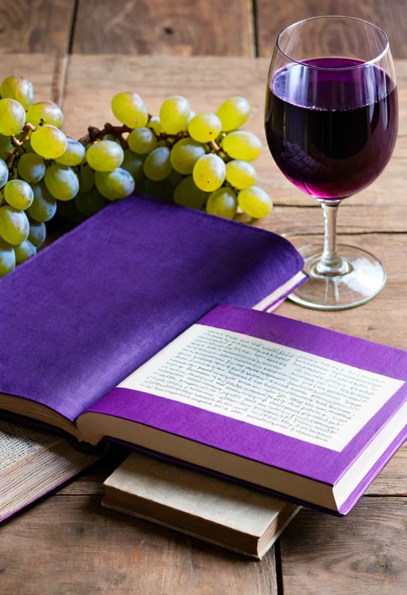 A wooden table and a book with a purple cover with a glass of grape juice next to it