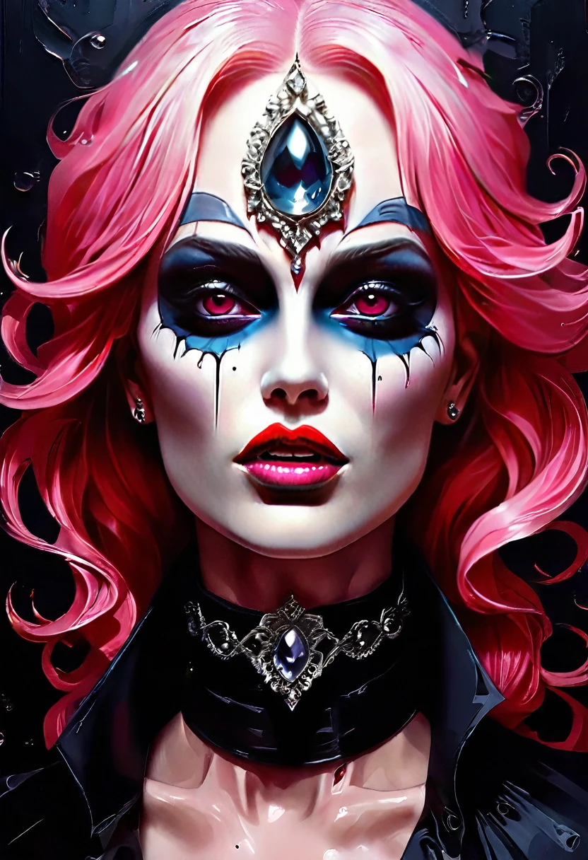 aa portrait of vampire with a bloody tear coming down from he eye, an exotic beautiful female vampire, pink hair color, dynamic hair style, ultra detailed face, best detailed face, silver eye color, ((1single red teardrop: 1.3)), ((tear drop made from blood)), ((teardrop coming down from the eye: 1.3)), small cleavage, wearing two black diamond earrings, Ultra-high resolution, High Contrast, (masterpiece:1.5), highest quality, Best aesthetics), 16K fantasy art, best details, best quality, highres, (ultra wide angle: 1.2), 16k, [ultra detailed], masterpiece, best quality, (extremely detailed), ladyshadow, magical sky, crying style, vampire teeth