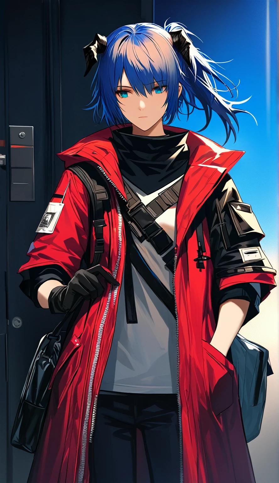 (woman), ((Mostima from arknights)), masterpiece, best quality, blue hair, ((short hair)), ((pony tail hair)), horns, plain white shirt, red fullbody coat, dark blue eyes, realistic anime style, faint smile, portrait, black gloves, carring a bag.