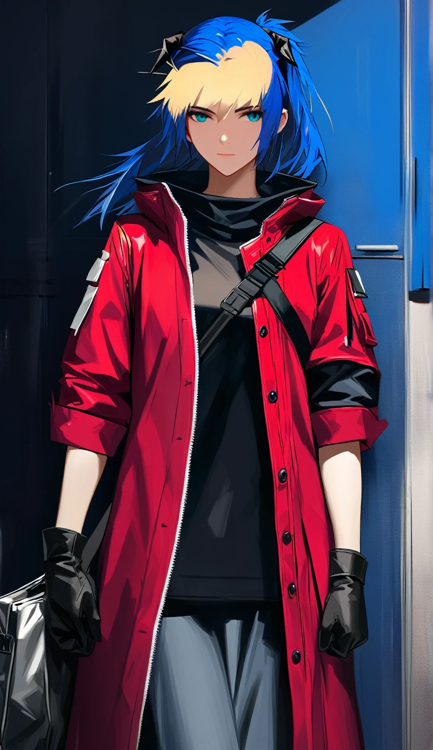 (woman), ((Mostima from arknights)), masterpiece, best quality, blue hair, ((short hair)), ((pony tail hair)), horns, plain white shirt, red fullbody coat, dark blue eyes, realistic anime style, faint smile, portrait, black gloves, carring a bag.
